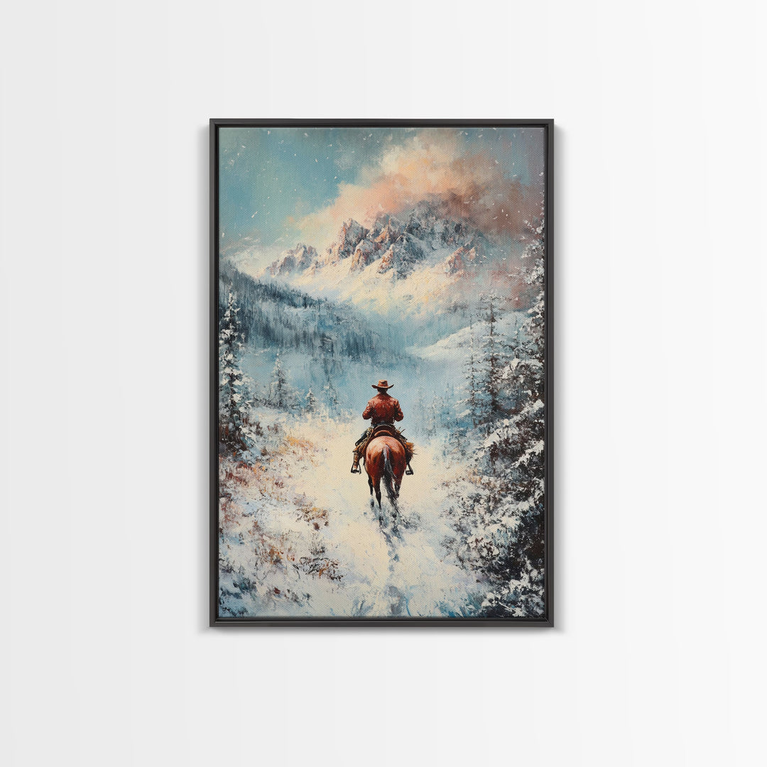 Cowboy in Winter Mountains Framed Canvas Print Christmas Wall Art Winter Wonderland Decor Vintage Christmas Gift Idea Moody Landscape Art
