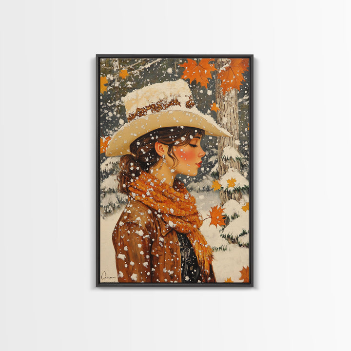 Snowy Cowgirl in Fall Scene Canvas Print, Seasonal Holiday Art, Rustic Christmas Decor, Farmhouse Wall Art, Winter Wonderland Wall Print