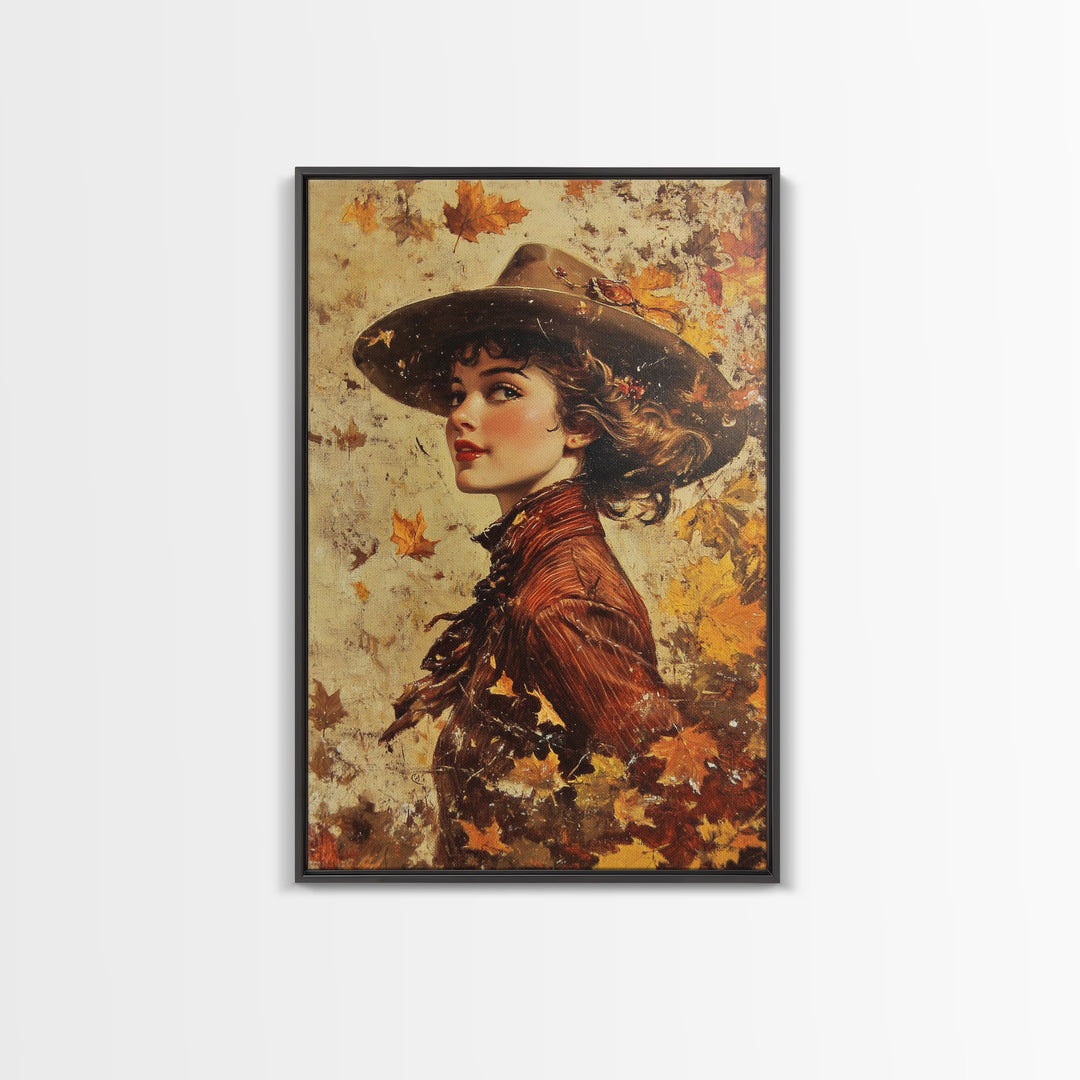 Autumn Cowgirl Portrait Canvas Print, Vintage Fall Wall Art, Farmhouse Decor, Holiday Art, Perfect Home Decor Gift Idea, Framed Canvas Print
