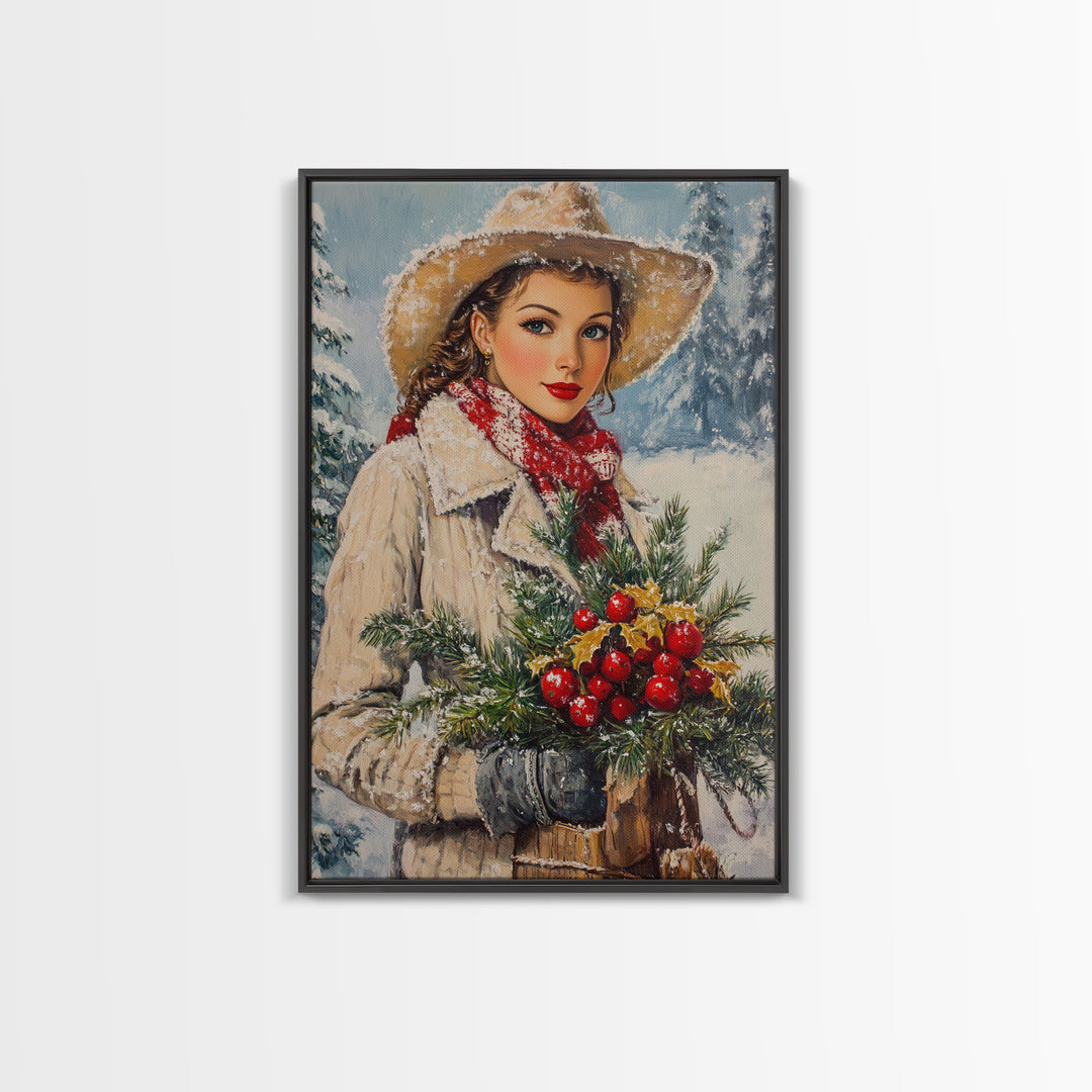 Cozy Christmas framed canvas print woman carrying holiday greenery in snowy winter scene perfect for vintage Christmas home decor