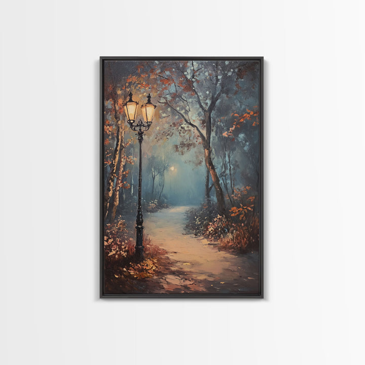 Spooky Street Lights In The City Park, Framed Canvas Print, Wood Framed Wall Art, Fall Decor, Holiday Decor, Seasonal Gift Idea