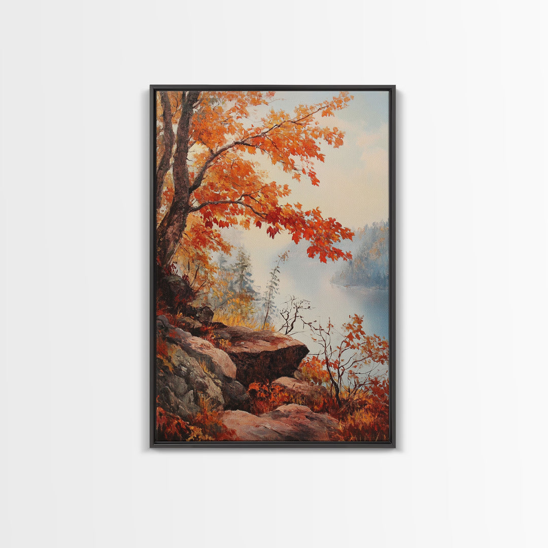 Fall In The Virginia Mountains - Framed Canvas Print - Autumn Leaves Falling On The Mountain Lake Landscape