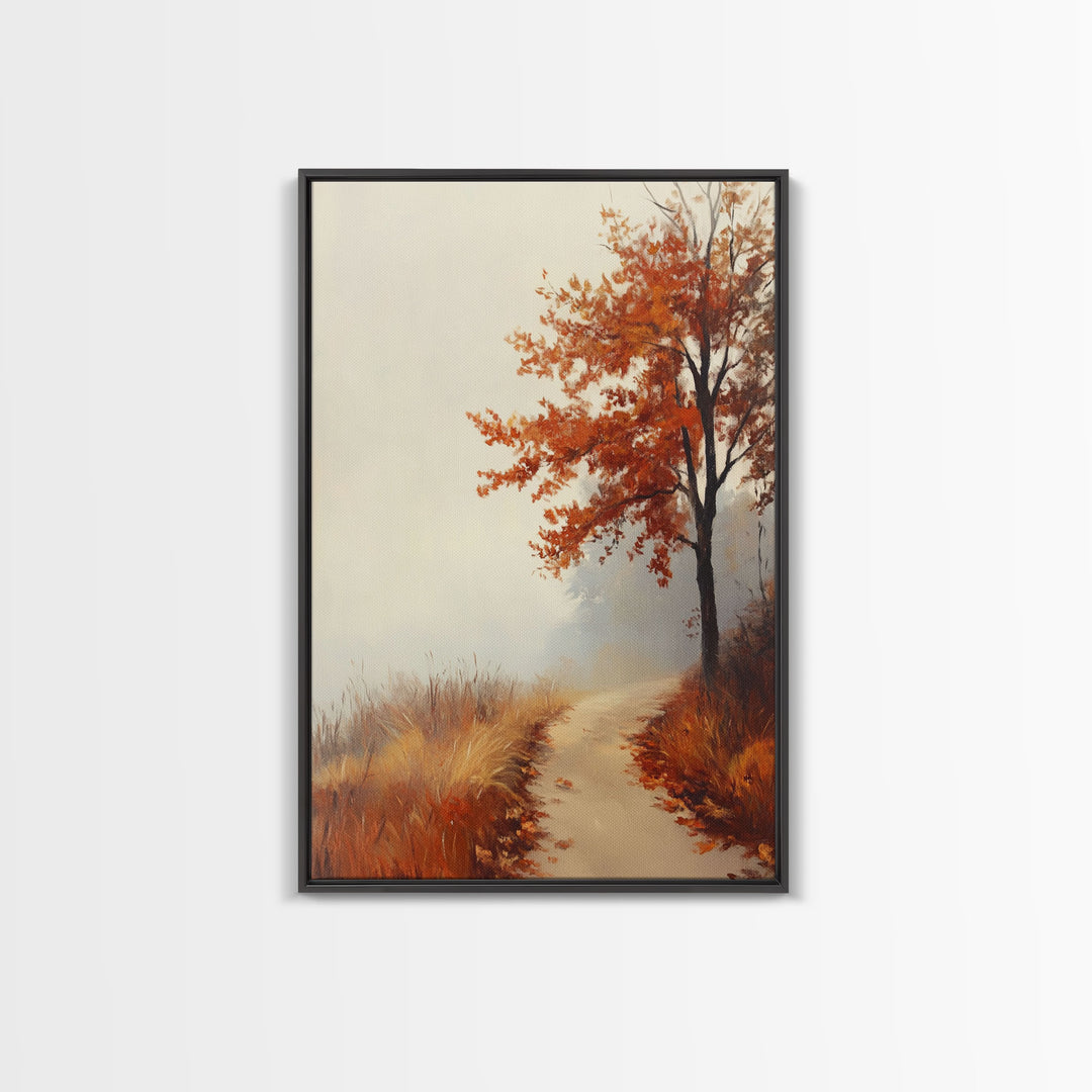 Framed Canvas Print of a Cozy Autumn Path with Trees and Fall Leaves, Rustic Country Decor, Moody Landscape Art, Best Gift Idea, Fall Decor