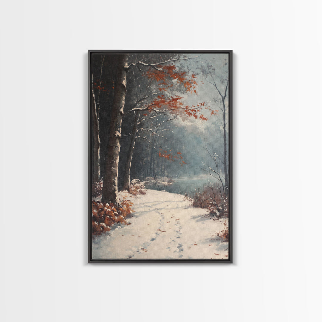 Framed Canvas Print of a Snowy Path with Trees and Red Leaves, Winter Wall Art, Moody Landscape, Best Gift Idea, Modern Christmas Decor