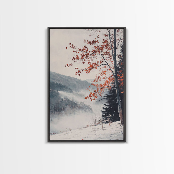Canvas Print of Snowy Mountain Trees Red Leaves, Winter Wonderland Wall Art, Best Gift Idea, Moody Landscape, Rustic Christmas Decor