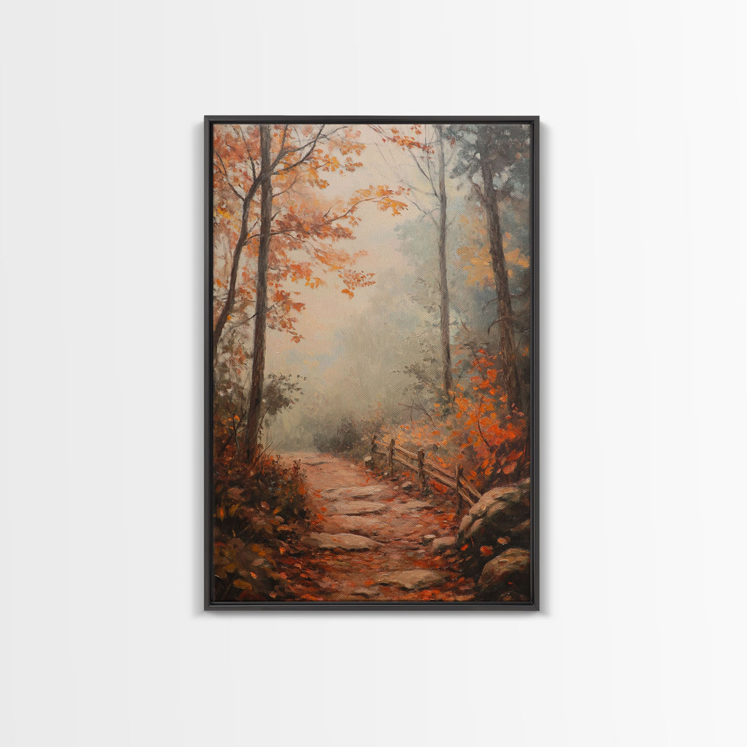 Framed Canvas Print of a Fall Path with Fence and Trees, Autumn Wall Art, Rustic Country Decor, Best Gift Idea, Modern Farmhouse Fall Decor