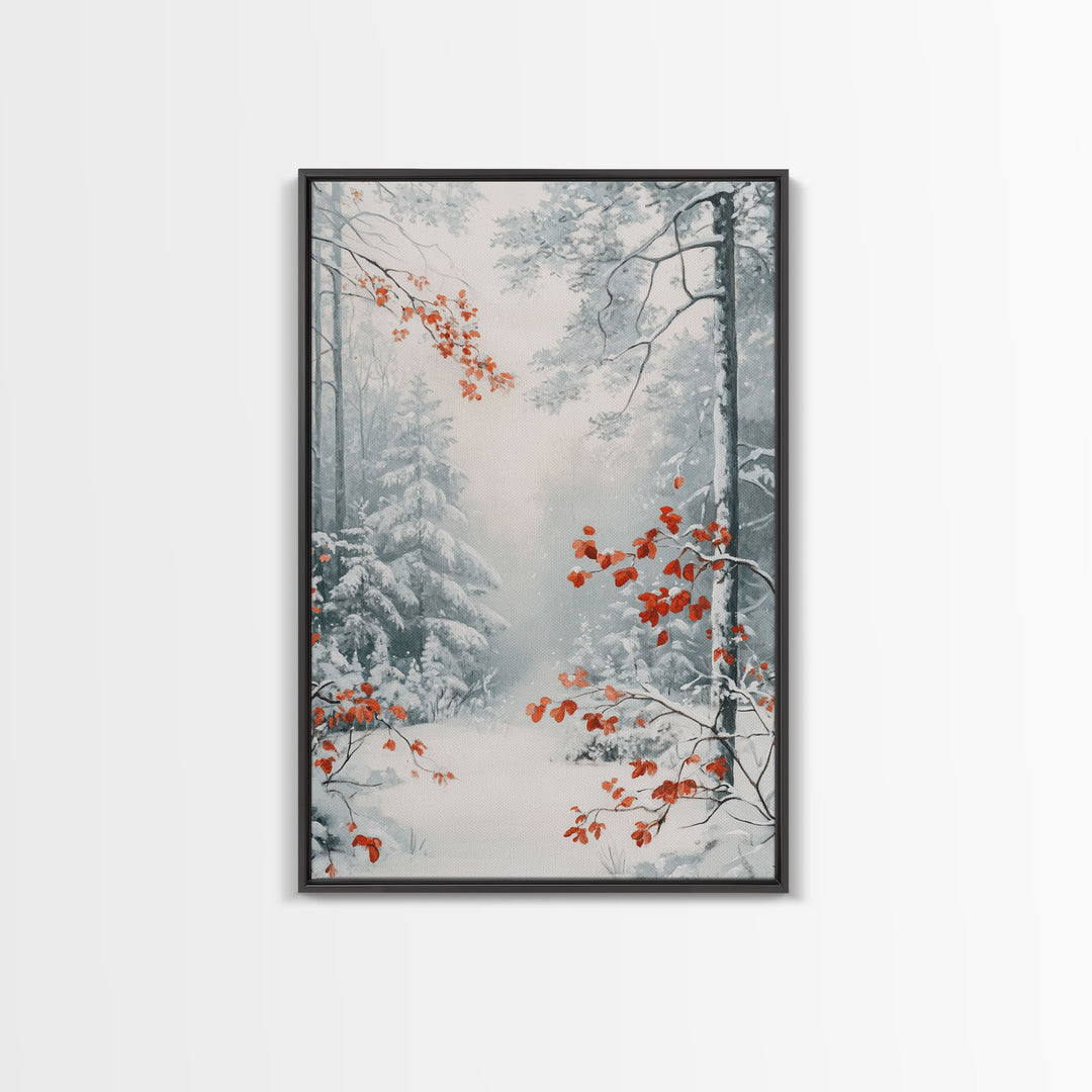 Canvas Print of Winter Wonderland with Red Leaves in Snow, Winter Wall Art, Best Gift Idea, Moody Landscape, Christmas Home Decor