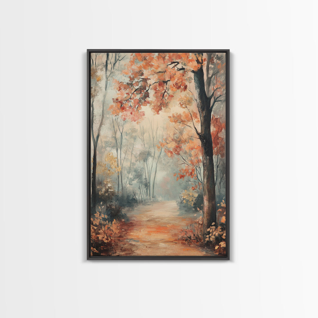 Framed Canvas Print of Foggy Autumn Forest with Red Leaves, Moody Landscape Wall Art, Fall Seasonal Decor, Best Gift Idea, Modern Farmhouse