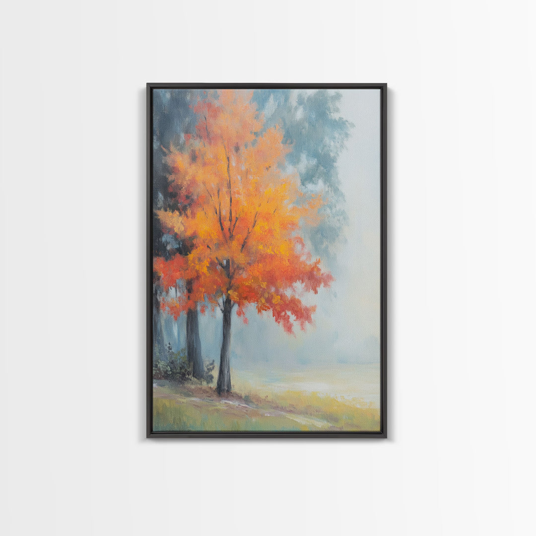 Canvas Print of Vibrant Autumn Tree in Misty Background, Seasonal Wall Art, Fall Decor, Best Gift Idea, Modern Farmhouse Landscape Art