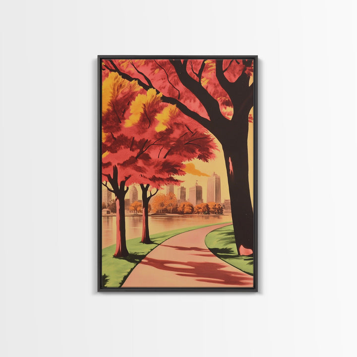 Canvas Print of City Park with Autumn Trees and Path, Seasonal Wall Art, Modern Farmhouse Decor, Best Gift Idea, Fall Cityscape Art