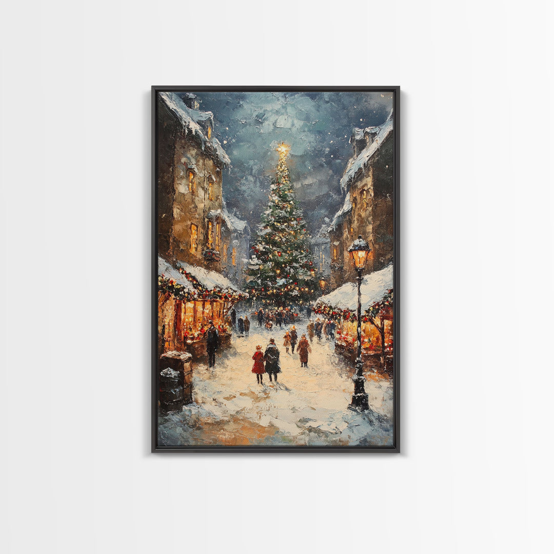 Christmas Market Scene With Tree And Snow Framed Canvas Print Vintage Holiday Village Scene Perfect For Christmas Wall Art And Holiday Decor