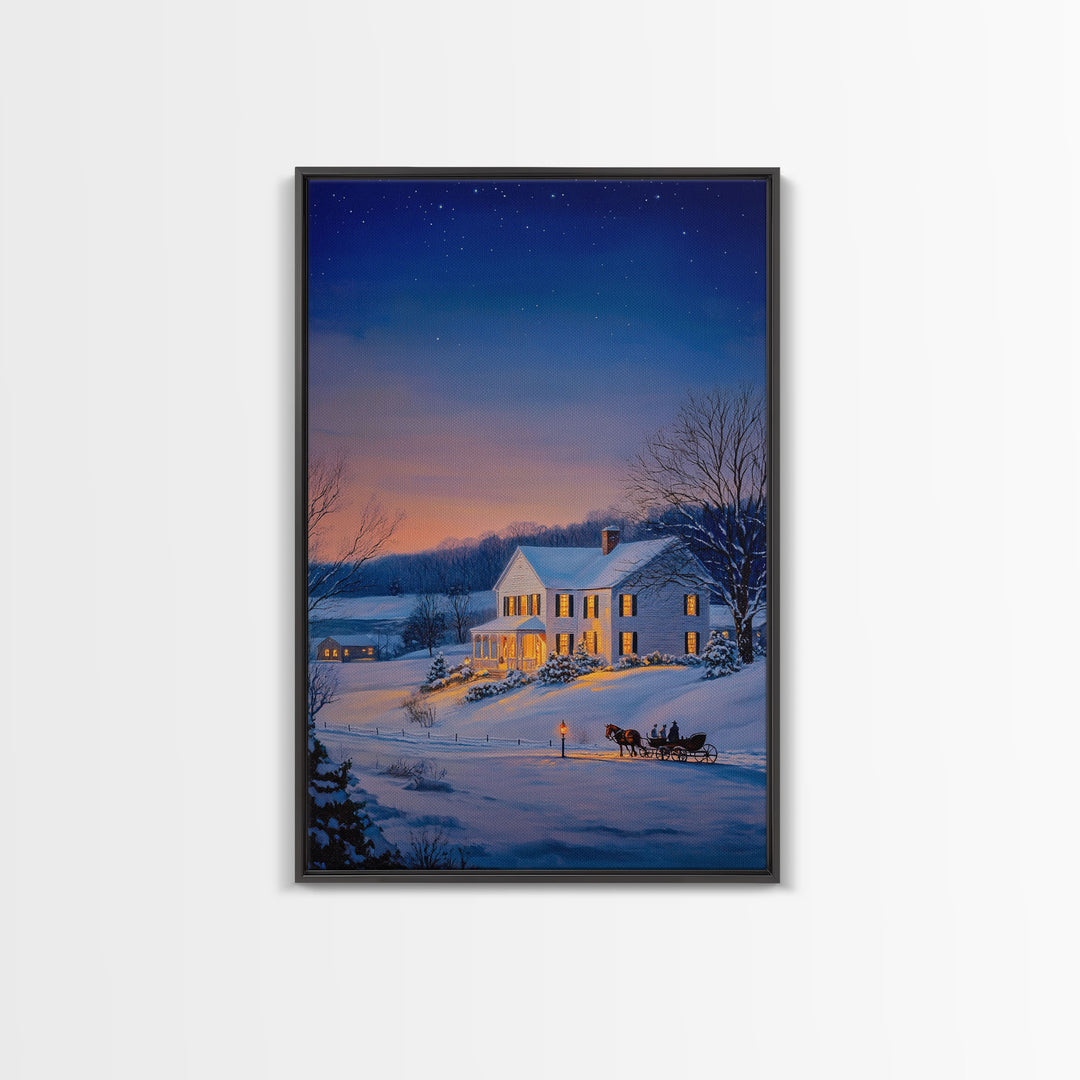 Cozy Snowy House Winter Landscape Framed Canvas Print Wall Art Christmas Decor, Country Christmas Art Gift, Winter Wonderland Art
