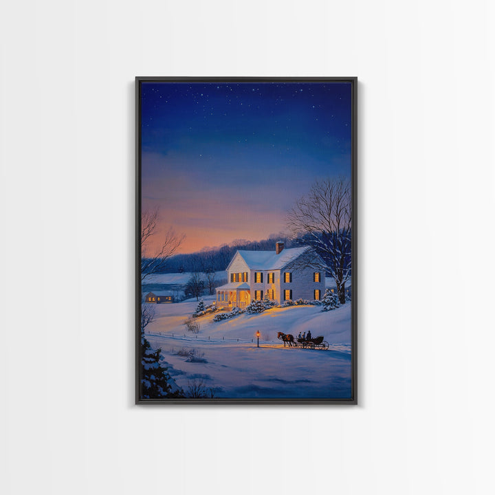 Cozy Snowy House Winter Landscape Framed Canvas Print Wall Art Christmas Decor, Country Christmas Art Gift, Winter Wonderland Art
