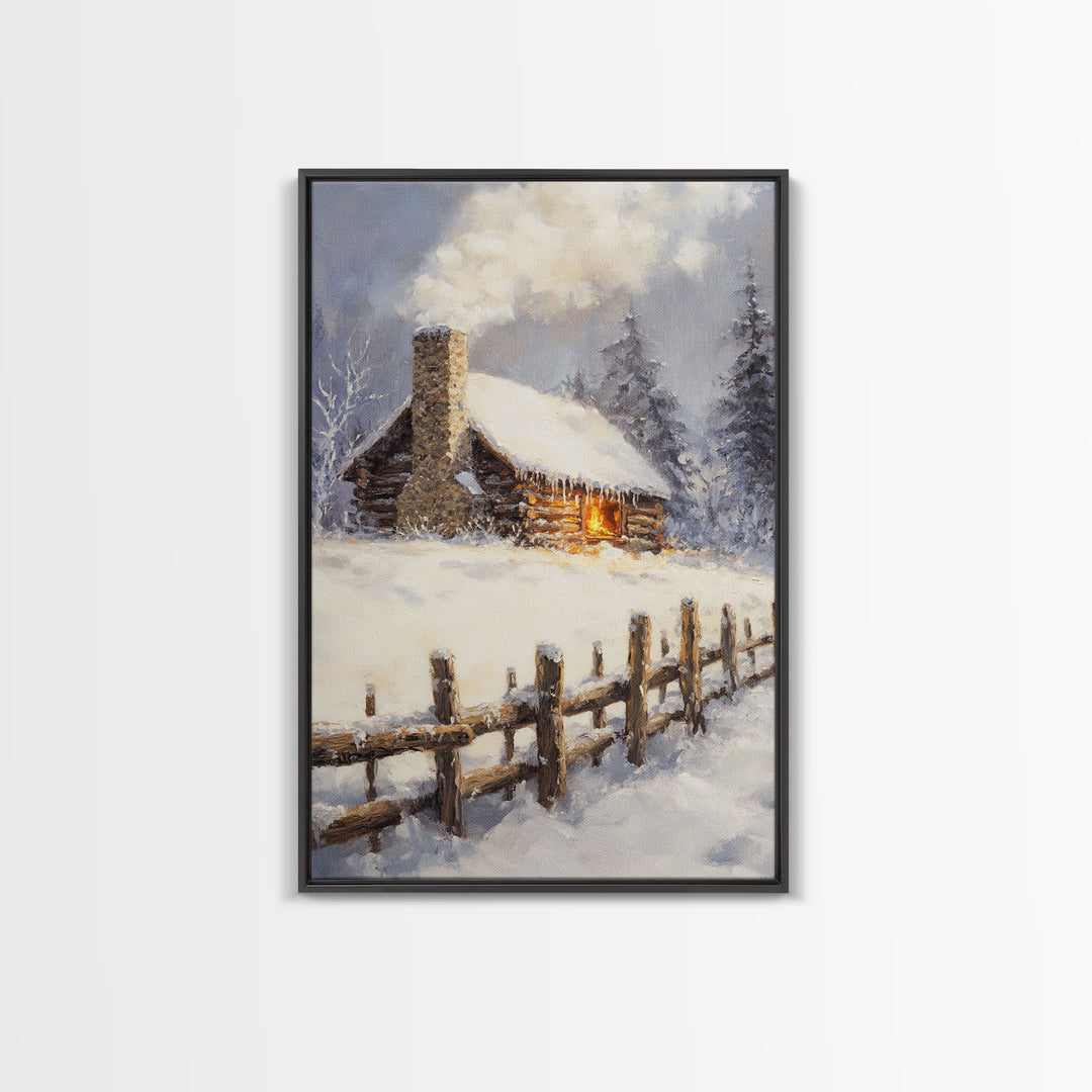 Rustic Cabin In Snow Framed Canvas Print Wall Art Christmas Home Decor, Winter Landscape Art, Cozy Winter Cabin Scene