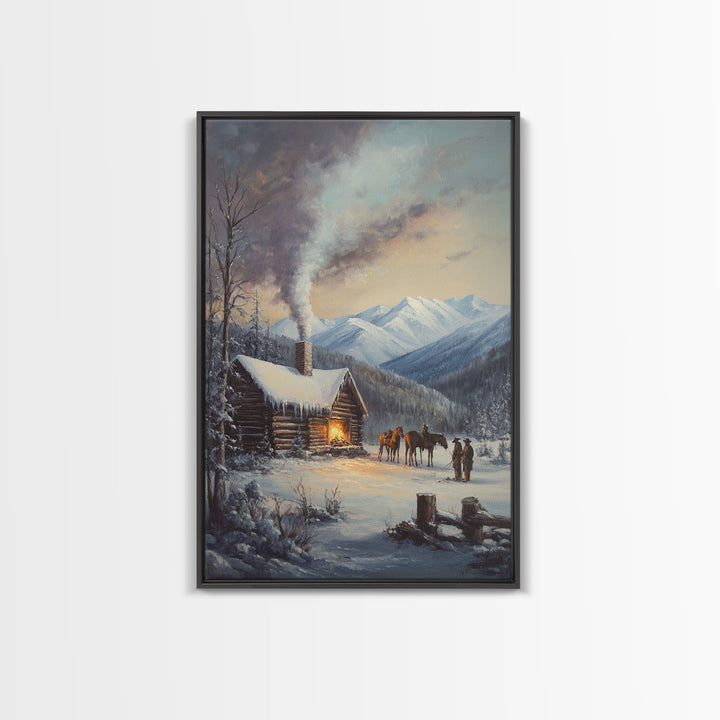 Mountain Cabin In Snow With Horses Framed Canvas Print Wall Art Rustic Winter Decor, Country Christmas Art, Winter Wonderland Scene