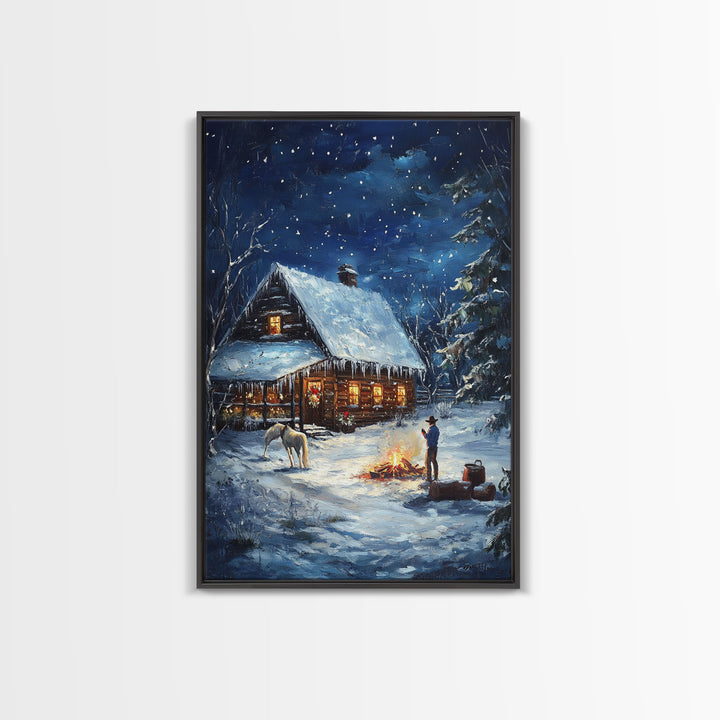 Cowboy Christmas by the Fire Framed Canvas Print, Western Holiday Decor with Snowy Cabin, Cozy Art Perfect for Rustic Christmas Winter Decor