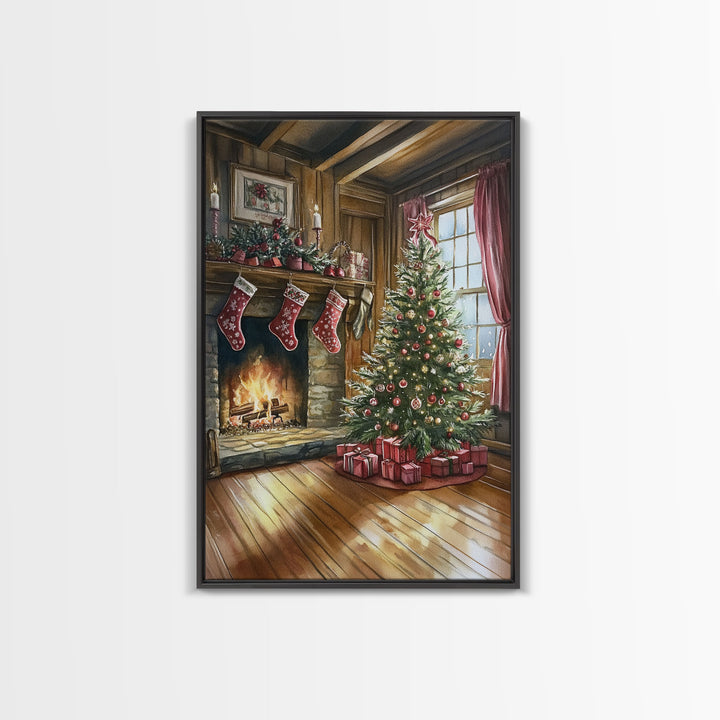 Cozy farmhouse Christmas interior Framed Canvas Print with tree stockings and fireplace, warm holiday art rustic Christmas decor mantle
