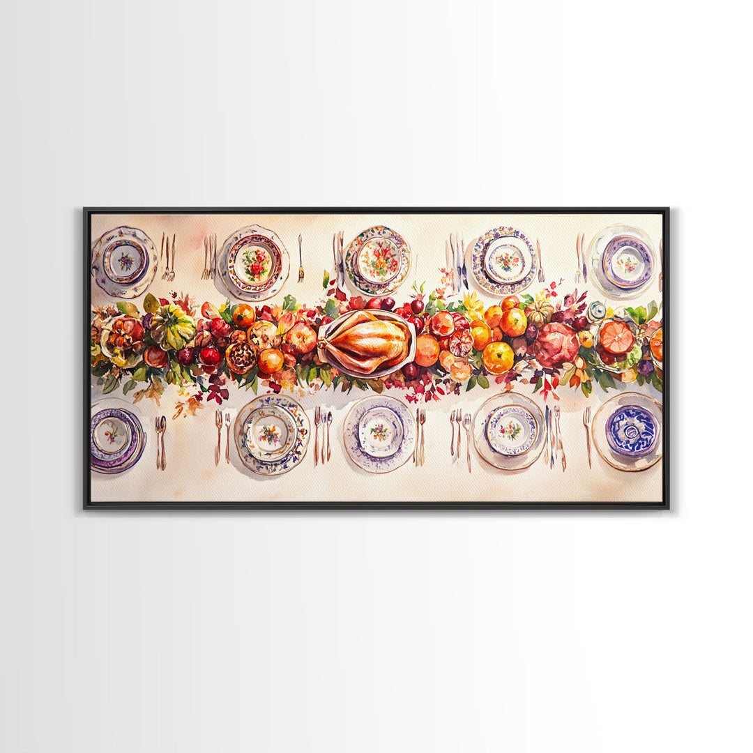 Festive Thanksgiving dinner table setting with colorful centerpiece, framed canvas print perfect autumn holiday decor wall art