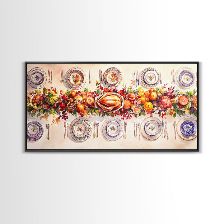Festive Thanksgiving dinner table setting with colorful centerpiece, framed canvas print perfect autumn holiday decor wall art