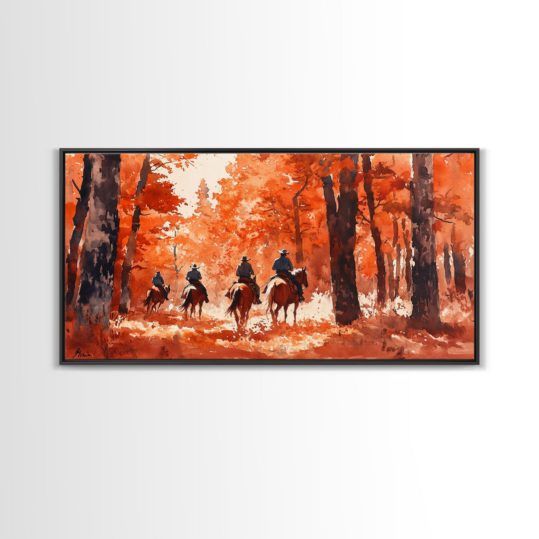 Framed Canvas Print Fall Forest Riders in Autumn Colors, Rustic Cowboy Wall Art, Perfect Fall Decor and Seasonal Home Art