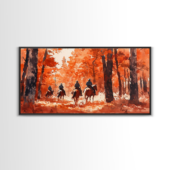 Framed Canvas Print Fall Forest Riders in Autumn Colors, Rustic Cowboy Wall Art, Perfect Fall Decor and Seasonal Home Art