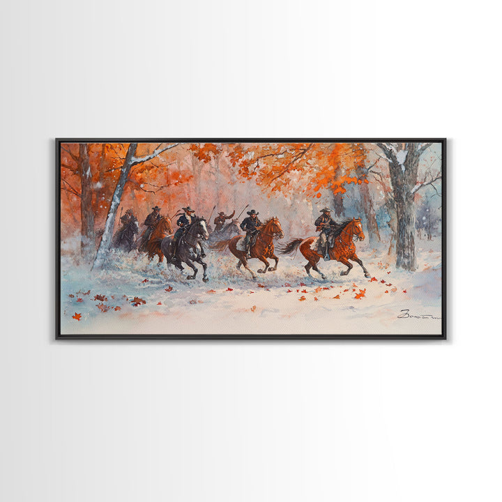 Framed Canvas Print Fall Forest Cowboys in Vibrant Autumn Colors, Perfect Autumn Wall Art, Rustic Home Decor, and Seasonal Cowboy Art