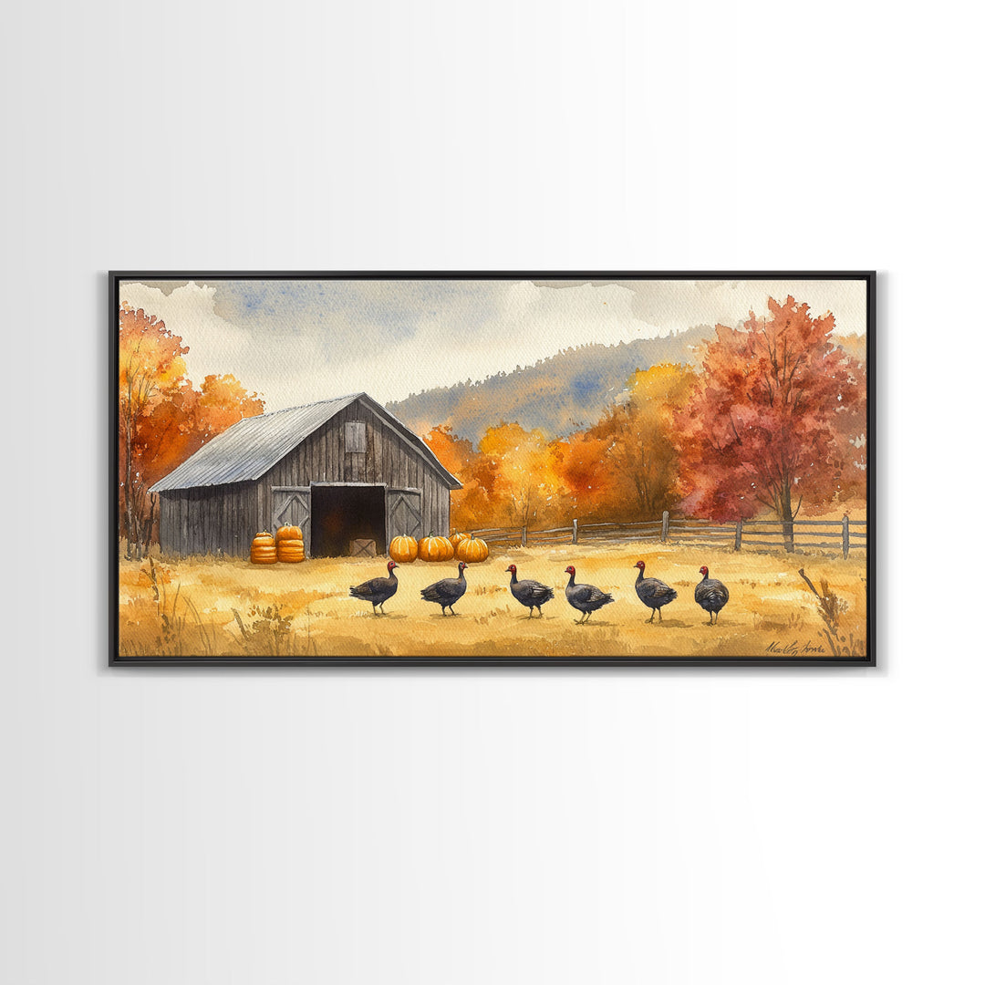 Framed Canvas Print Rustic Barn with Pumpkins and Turkeys, Perfect Autumn Farmhouse Decor, Fall Wall Art, Country Autumn Scene