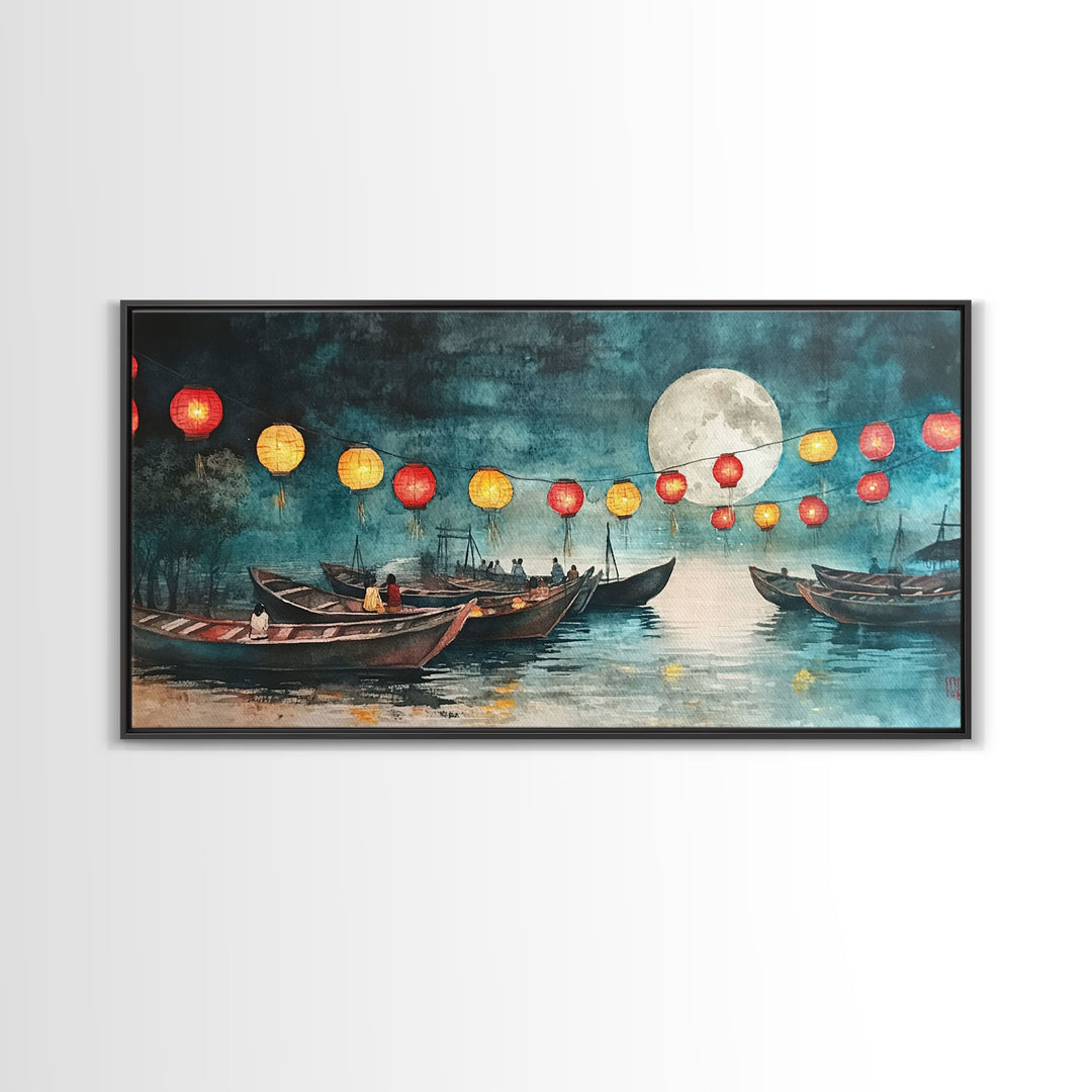 Framed Canvas Print Full Moon Lanterns on Boats, Dreamy Night Scene, Watercolor Christmas Art, Unique Holiday Decor, Coastal Christmas