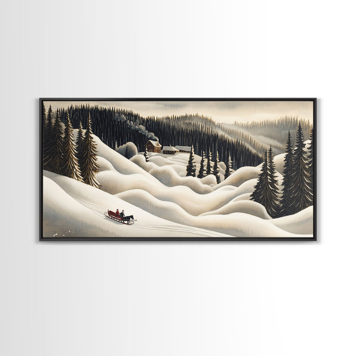 Framed Canvas Print Snowy Mountain Sleigh Ride, Winter Wonderland Wall Art, Christmas Home Decor, Vintage Holiday Scene