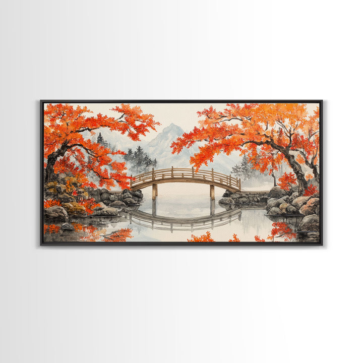 Japanese Bridge in Autumn Framed Canvas Print Fall Landscape Art Nature Wall Decor Seasonal Holiday Art Rustic Country Gift Idea 2024