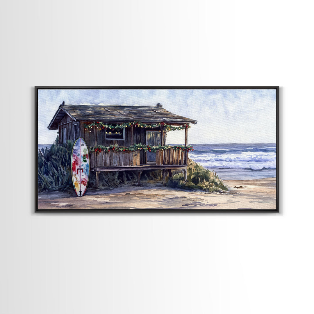 Christmas beach art Framed Canvas Print tropical Christmas decor holiday wall art Christmas vacation gift idea vintage Christmas wall art