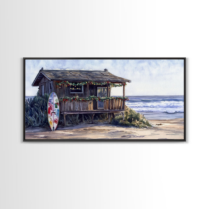 Christmas beach art Framed Canvas Print tropical Christmas decor holiday wall art Christmas vacation gift idea vintage Christmas wall art