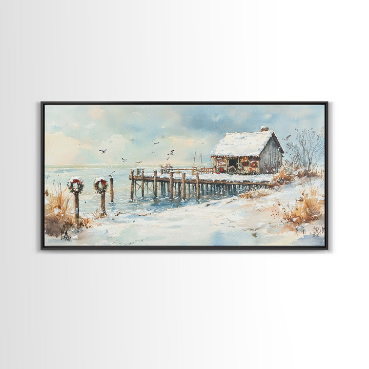 Farmhouse Christmas decor Framed Canvas Print rustic cabin snowy dock Christmas scene Christmas outdoor decor vintage holiday wall art