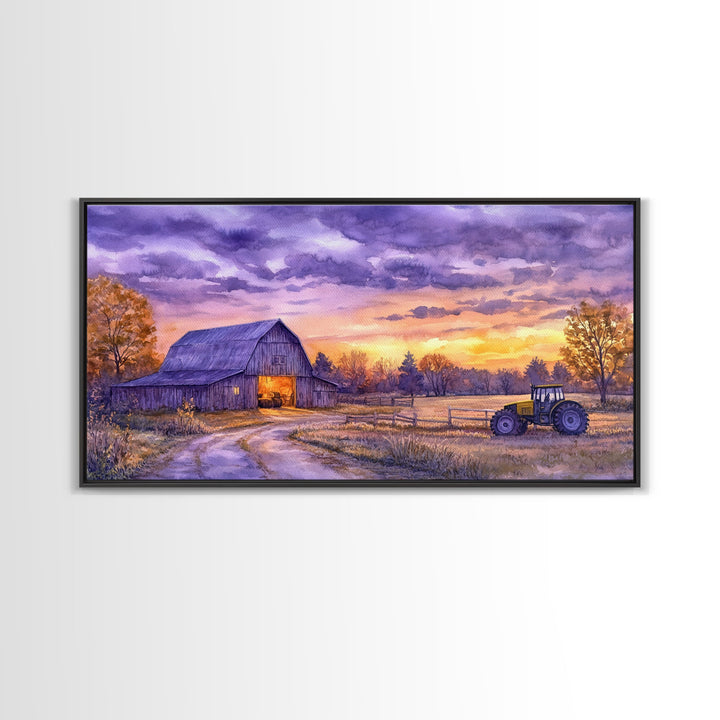 Farmhouse autumn decor Framed Canvas Print evening barn scene with tractor warm fall colors gift idea autumn seasonal wall art rustic decor