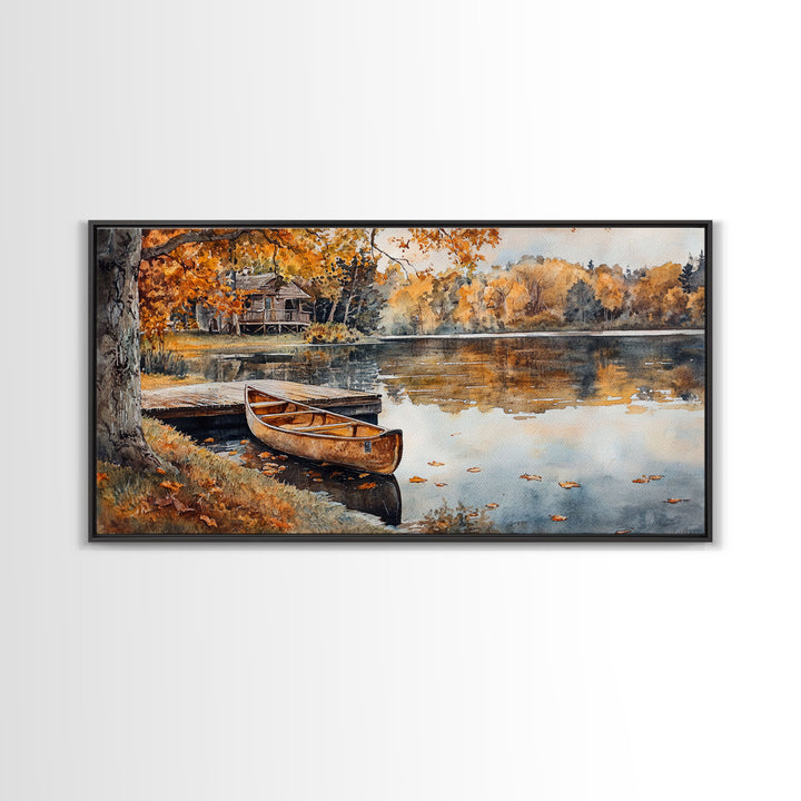 Fall lake house decor Framed Canvas Print serene lakeside cabin canoe rustic autumn wall art seasonal decor gift idea cozy fall home decor