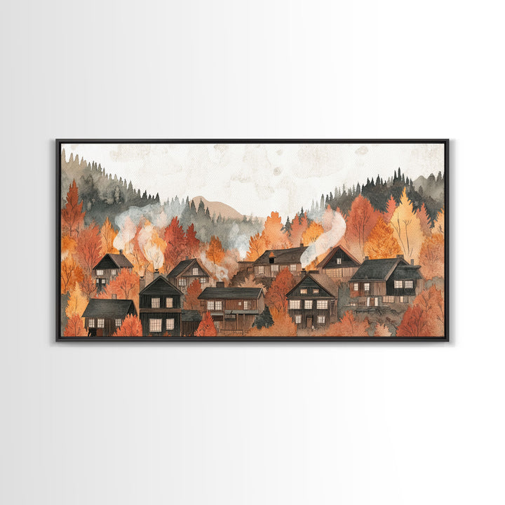 Autumn village decor Framed Canvas Print rustic village with fall trees cozy seasonal wall art gift idea moody landscape autumn home decor