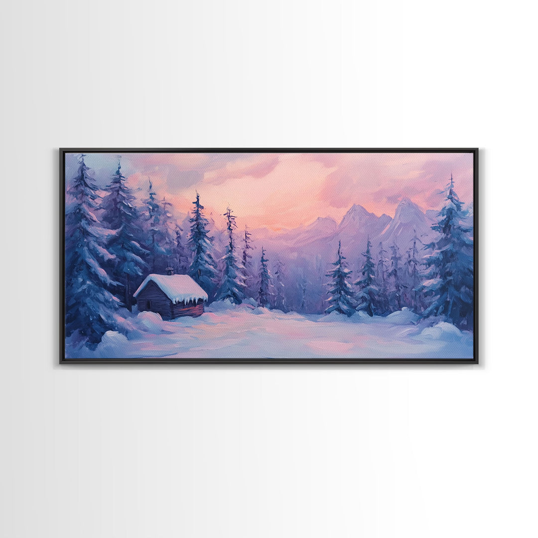 Cozy Cabin Surrounded By Winter Trees Tall Art Framed Canvas Print Serene Snowy Forest Cabin Landscape With Warm Interior Lights