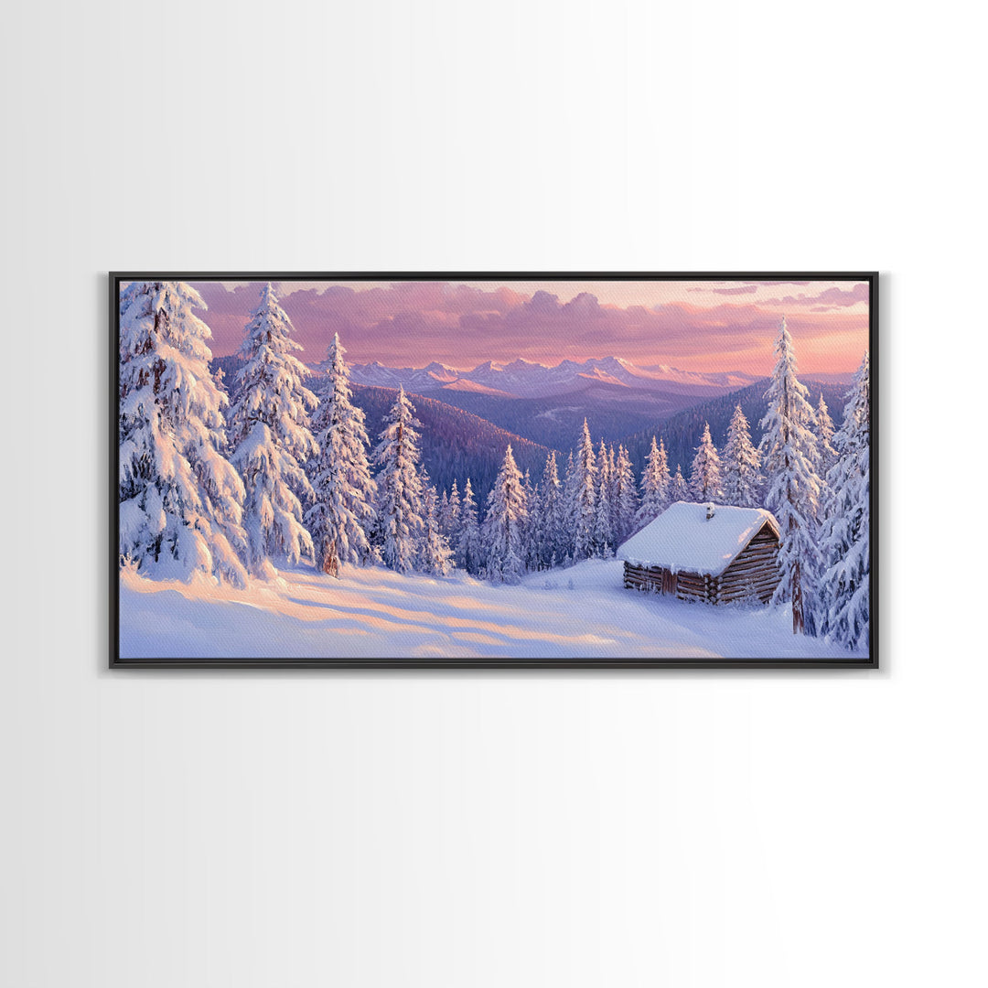 Mountain Cabin At Sunrise Tall Art Framed Canvas Print Winter Snow Covered Trees And Cabin In Mountains With Pastel Sky