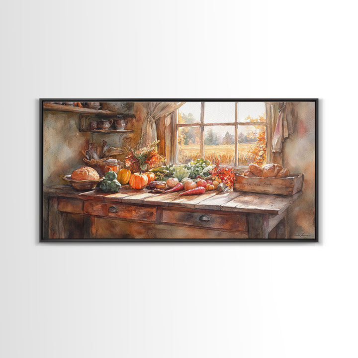 Autumn farmhouse scene art, seasonal wall decor, vintage fall wall art, rustic autumn home decor, gift idea, framed canvas print