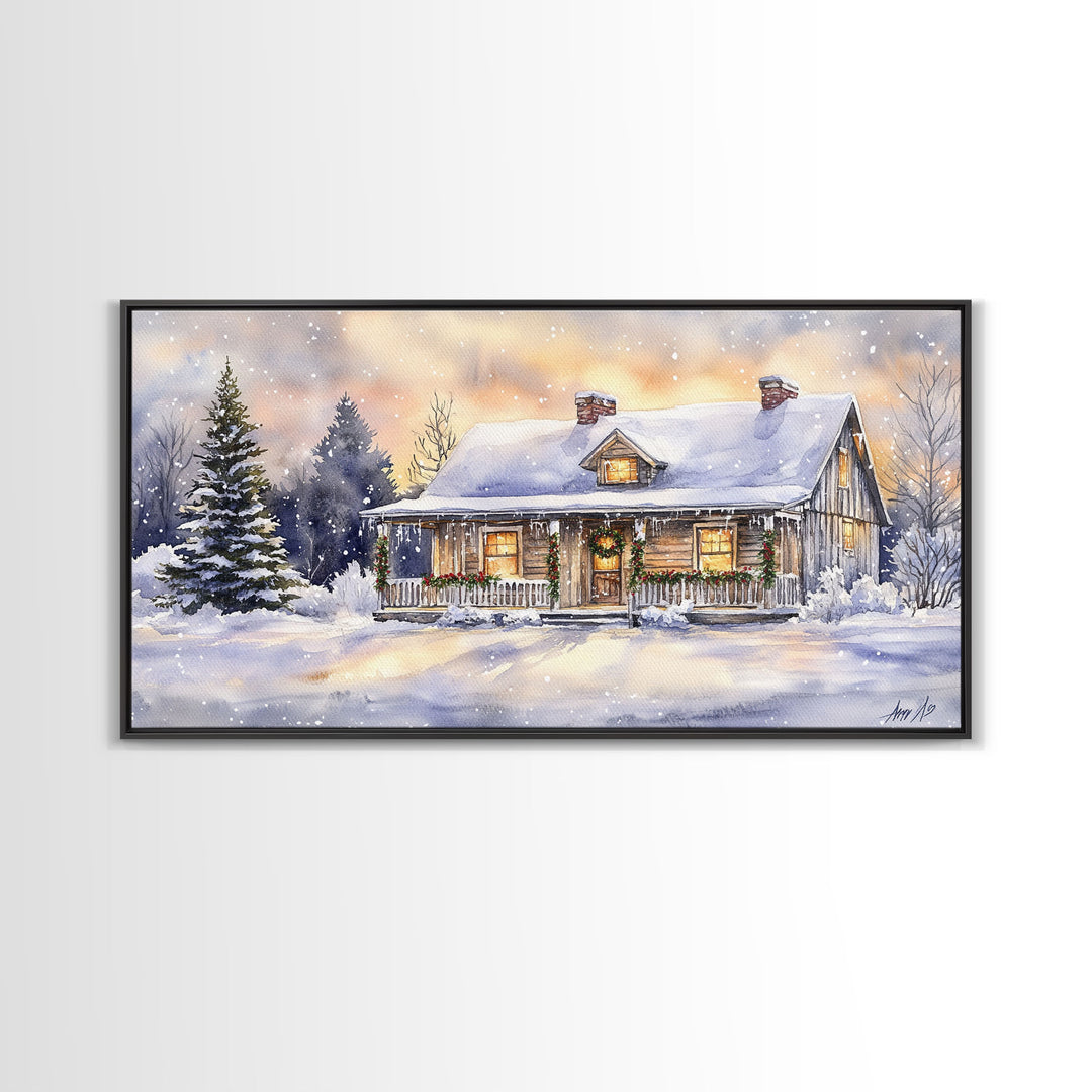 Log cabin in winter, snowy holiday art, farmhouse Christmas decor, rustic Christmas, vintage wall art, framed canvas print