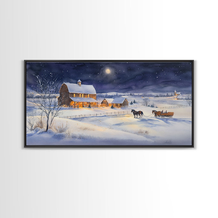 Horse and Barn in Snowy Christmas Scene, Framed Canvas Print, Winter Christmas Decor, Farmhouse Christmas, Rustic Holiday Art, Wall Art