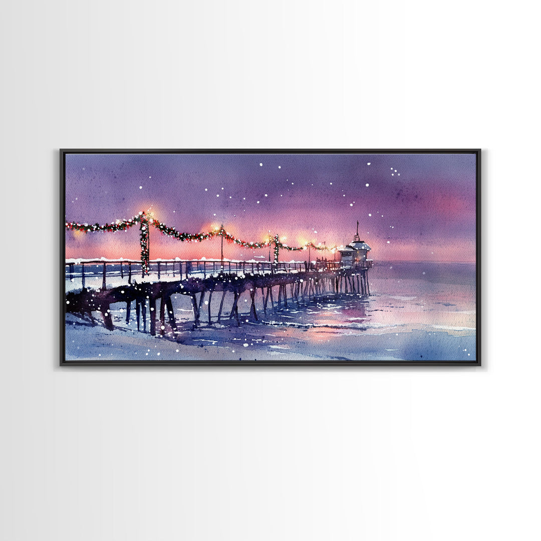 Snow-Covered Pier at Dusk with Christmas Lights, Framed Canvas Print, Coastal Holiday Decor, Winter Wonderland, Nautical Christmas Wall Art
