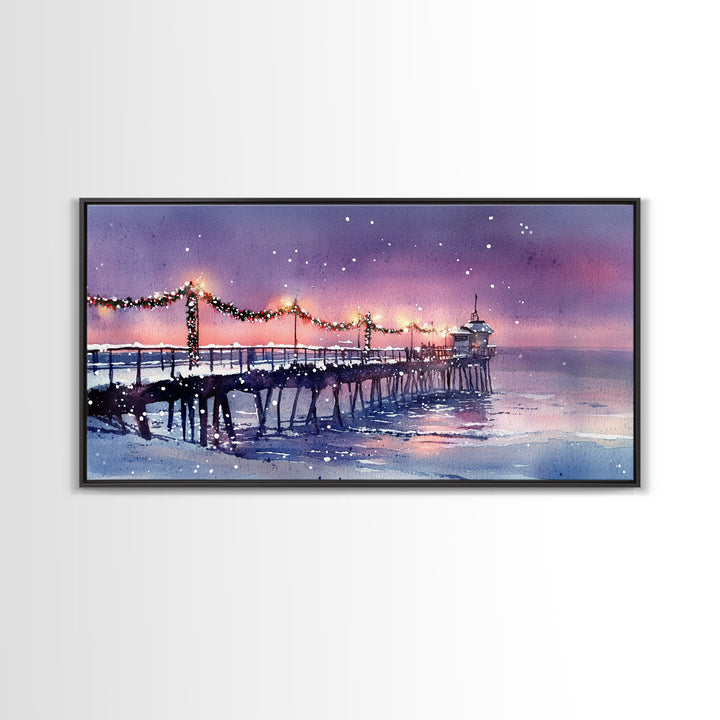 Snow-Covered Pier at Dusk with Christmas Lights, Framed Canvas Print, Coastal Holiday Decor, Winter Wonderland, Nautical Christmas Wall Art