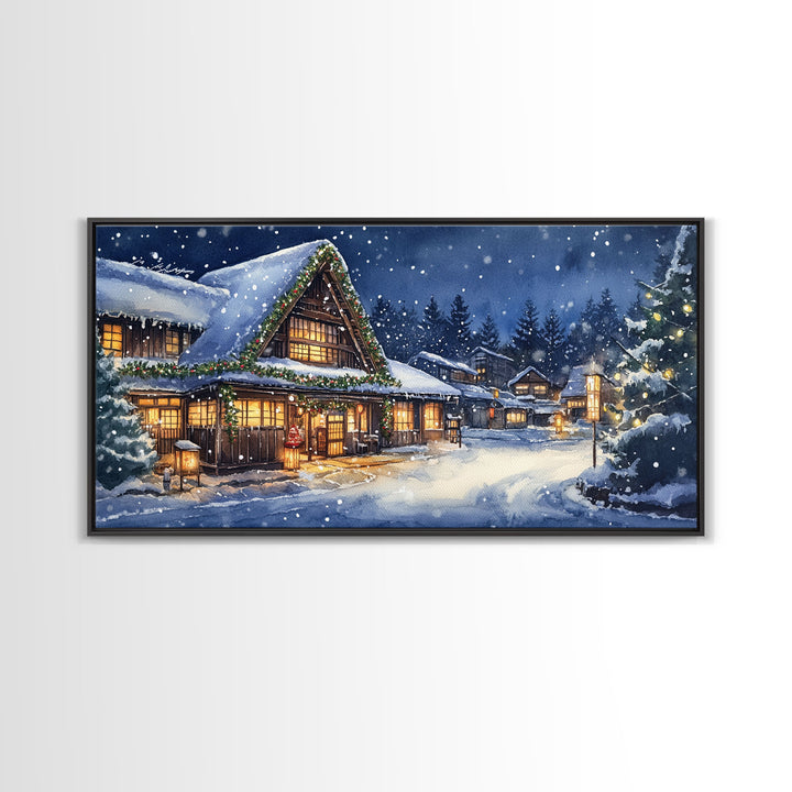 Cozy Snowy Christmas Cabin Scene Canvas Print | Winter Wonderland Christmas Wall Art | Rustic Christmas Decor | 2024 Holiday Art Gift