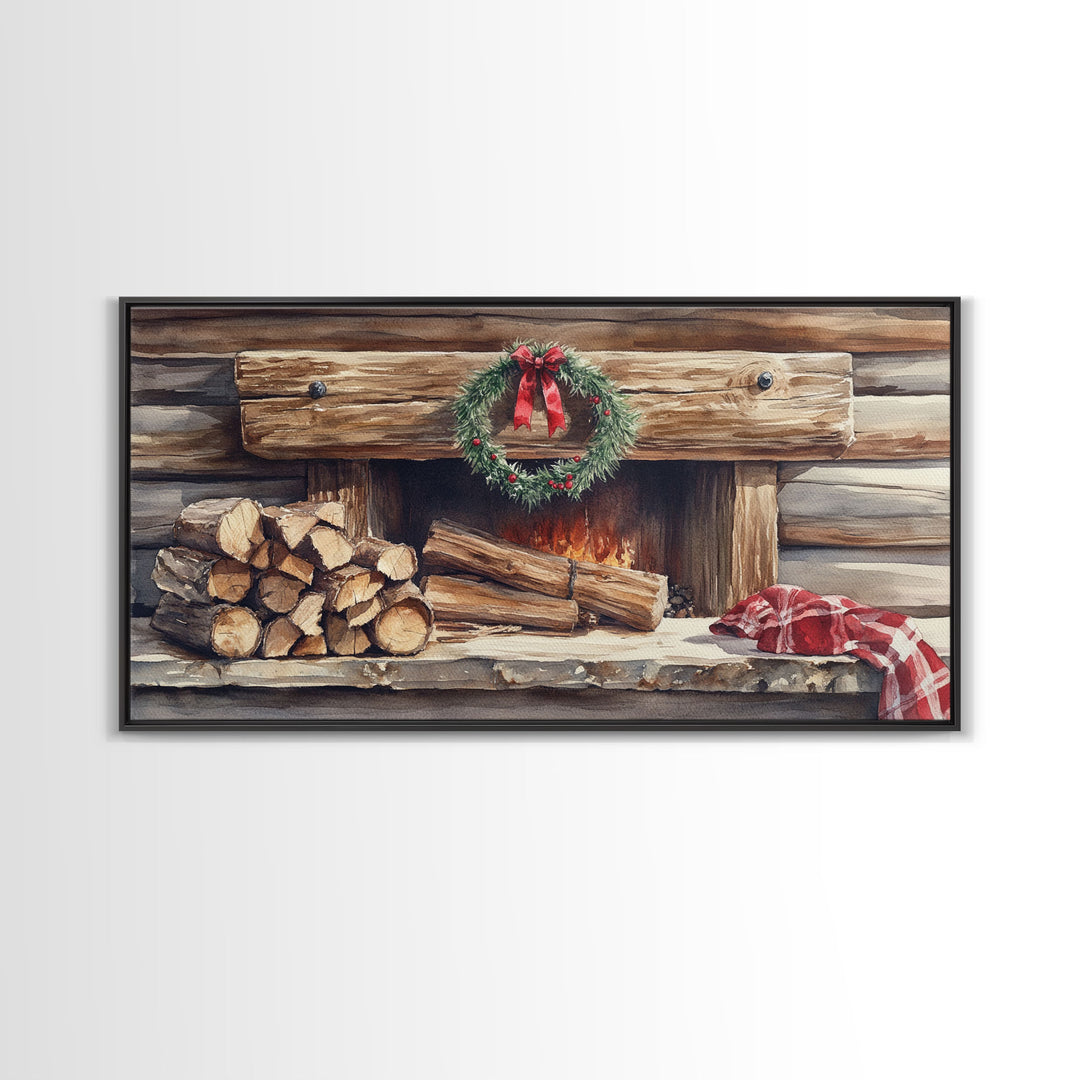Cozy Cabin Fireplace Christmas Canvas Print | Rustic Christmas Wall Art | Holiday Home Decor | Christmas Mantle Decor | 2024 Christmas Gift