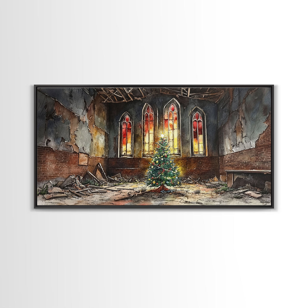 Christmas tree in abandoned church art, framed canvas print, rustic Christmas decor, winter decor, vintage Christmas scene art for home