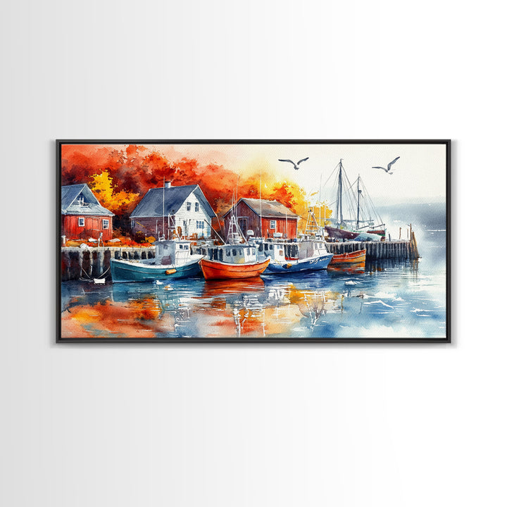 Colorful boats harbor framed canvas print, rustic autumn coastal decor, fall home decor, vintage nautical art gift idea, seasonal wall art
