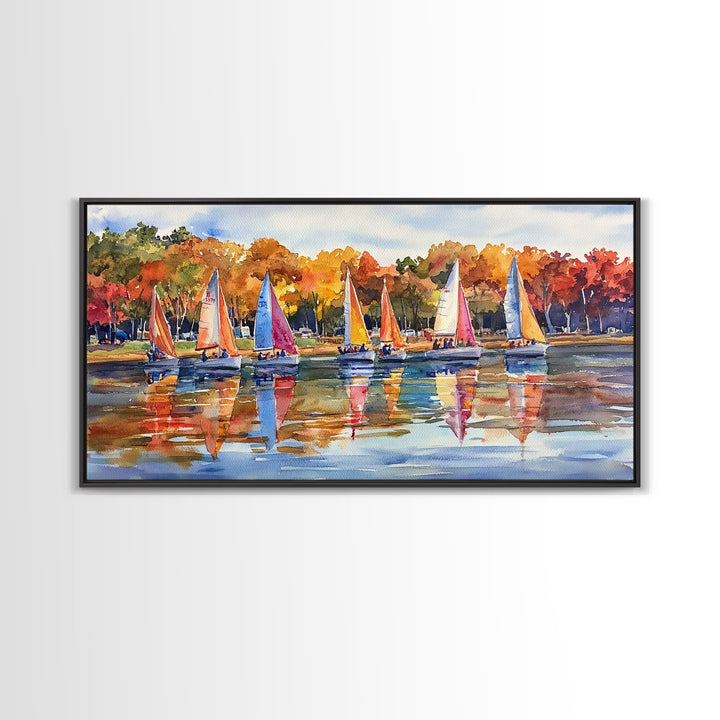 Sailboats on autumn lake, framed canvas print, colorful fall decor, nautical wall art for fall home, rustic autumn wall art, gift idea