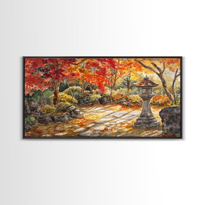 Beautiful Autumn Garden Path with Lantern, Fall Decor, Watercolor Landscape Art, Framed Canvas Print, Wall Art, Farmhouse Decor, Gift Idea