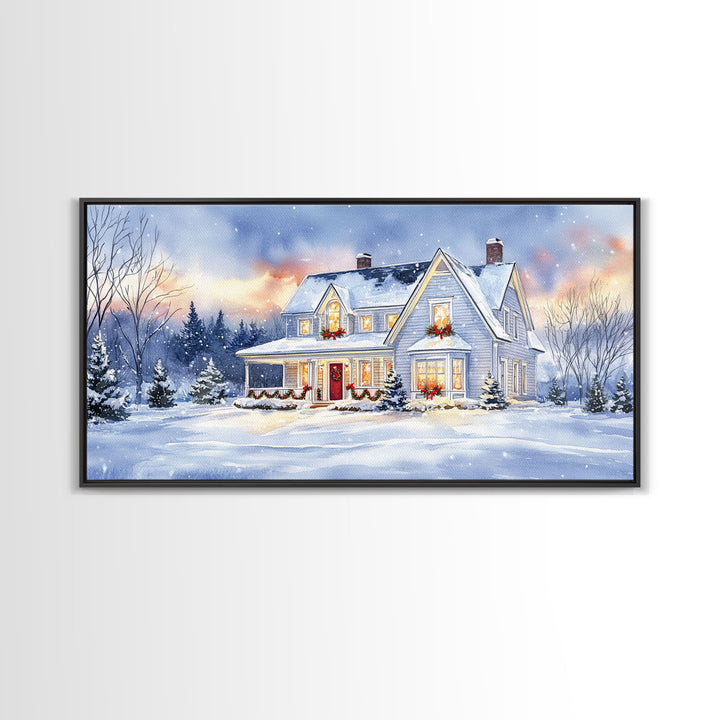Cozy Winter House with Snowy Landscape, Christmas Decor, Framed Canvas Print, Farmhouse Christmas Decor, Seasonal Wall Art, Gift Idea